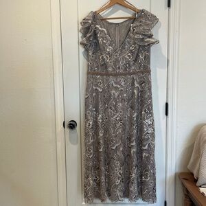 NWT Mac Duggal - Beaded Floral Ruffle Sleeve A-line Midi Dress